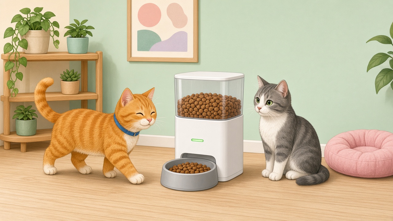 Orange tabby and grey cat with a generic automatic dry-food feeder