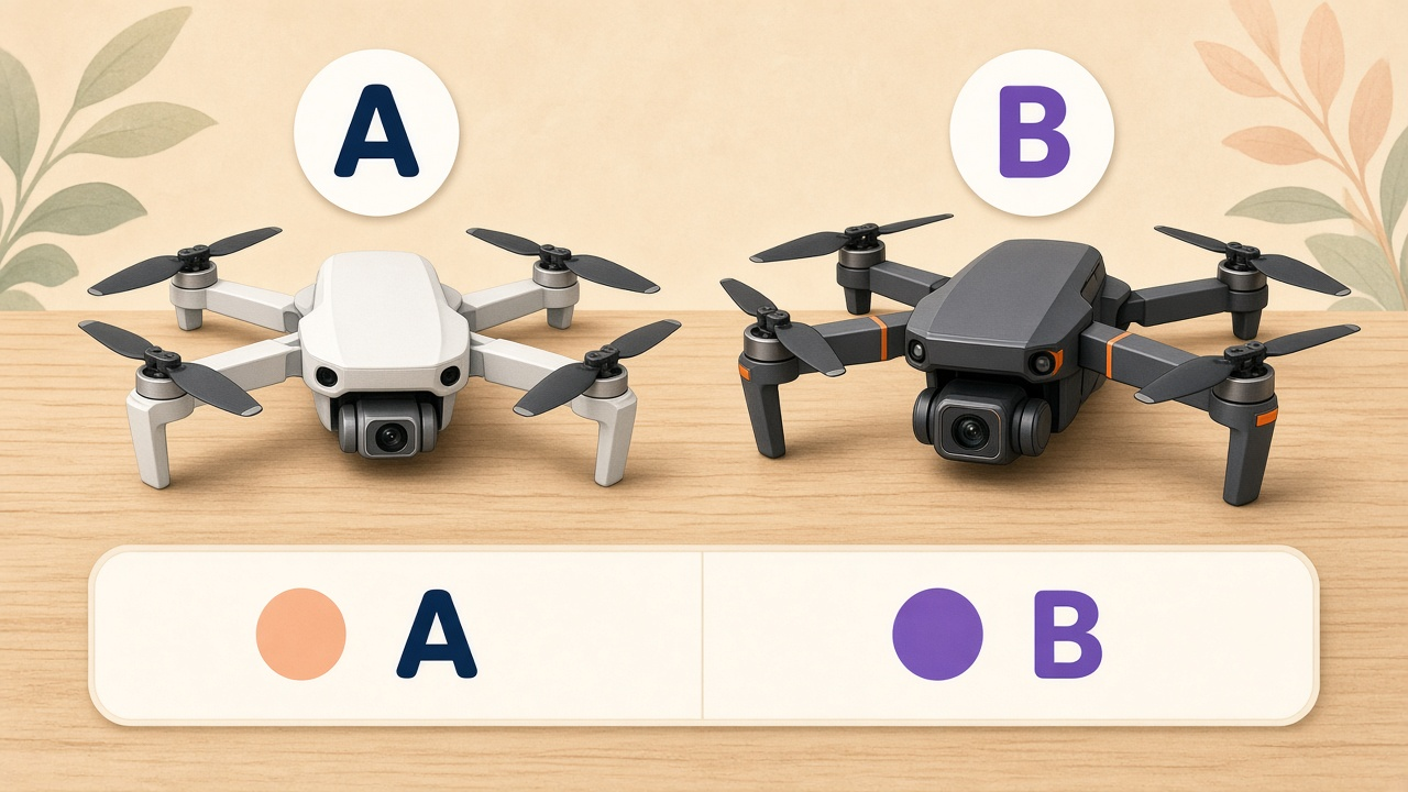 Generic side-by-side cartoon of a light beginner mini drone (A) and a darker upgrade mini drone (B)