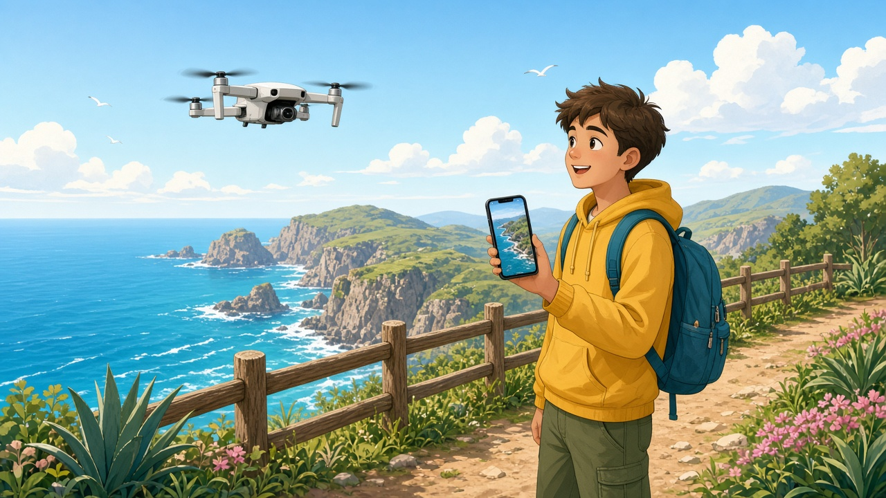 Cartoon traveler on a coastal path flying a compact foldable camera drone from a phone